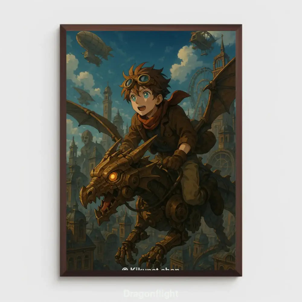 Ein Junge fliegt begeistert auf einem mechanischen Drachen über eine Steampunk-Stadt mit Luftschiffen und Türmen im Hintergrund.