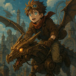 Junge mit Fliegermütze reitet mechanischen Drachen vor Steampunk-Stadt mit Luftschiffen und Zahnrädern.