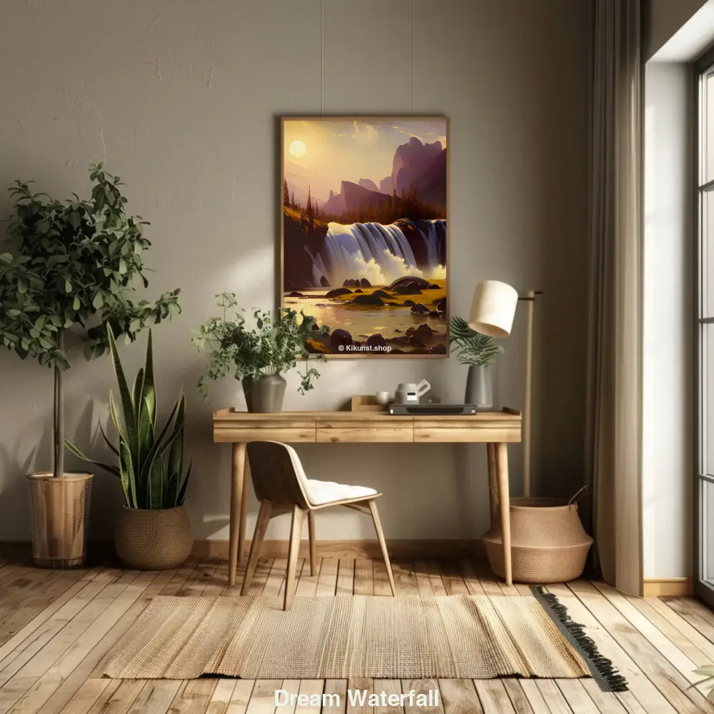 Mockup eines Wasserfalls in Gebirgslandschaft bei Sonnenuntergang – stimmungsvolle Natur für Wanddeko oder Print
