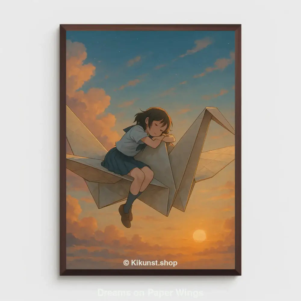 Ein Mädchen schläft friedlich auf einem fliegenden Origami-Kranich im Abendhimmel, umgeben von warmen Sonnenuntergangsfarben und Wolken.