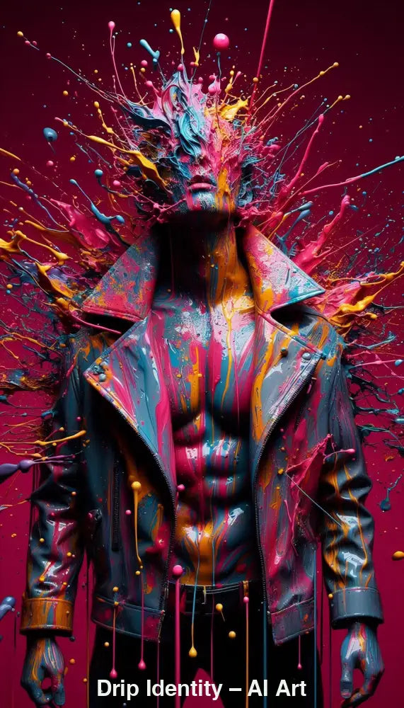 Drip Identity – AI Art, abstrakte Figur mit explodierenden Farbströmen und Neon-Paint auf dunklem Hintergrund.