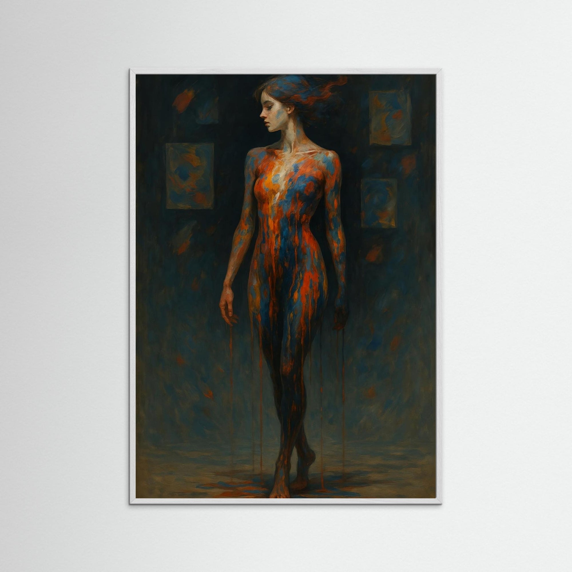 Gerahmte Ausführung des Kunstdrucks Dripping Soul mit weißem Echtholzrahmen