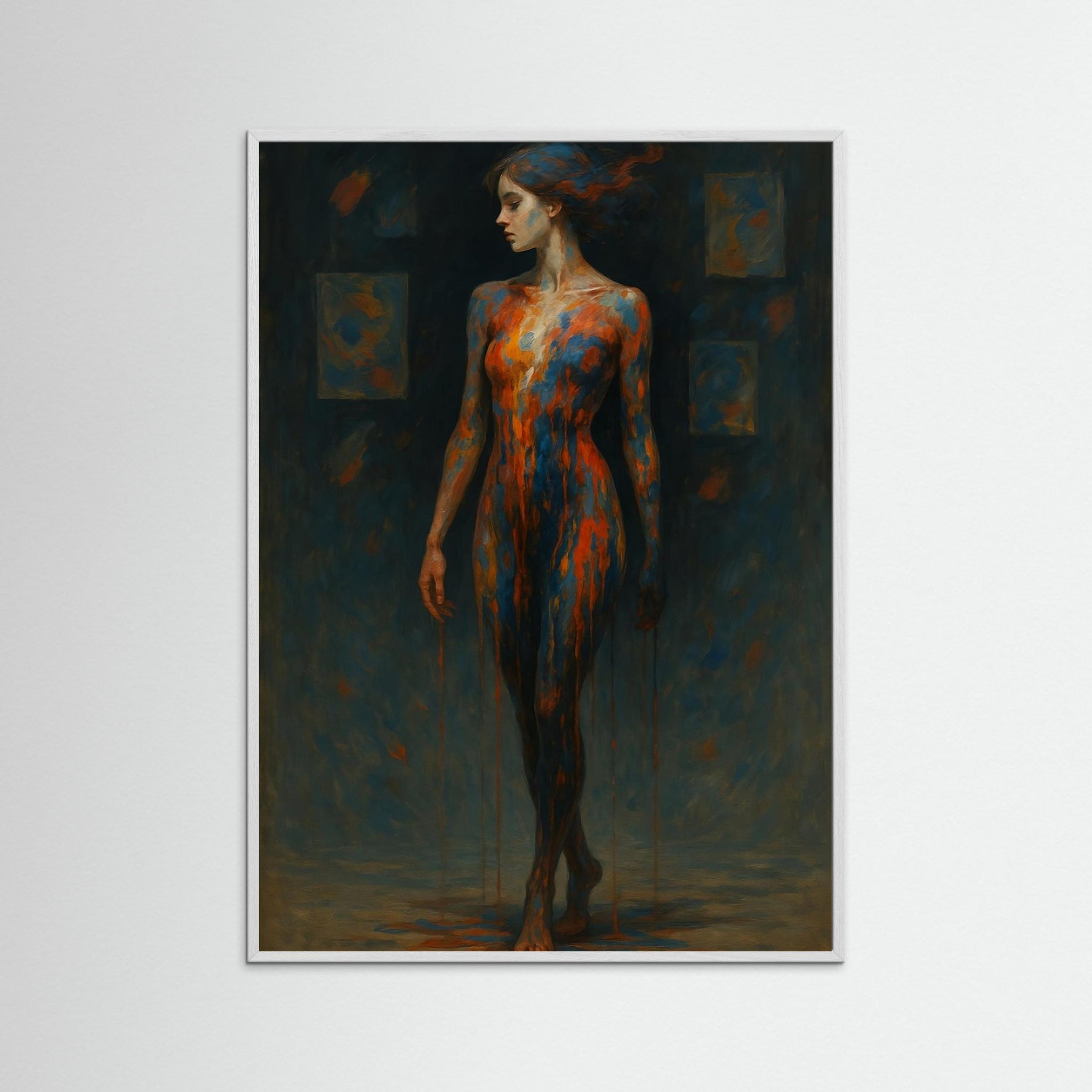 Gerahmte Ausführung des Kunstdrucks Dripping Soul mit weißem Echtholzrahmen