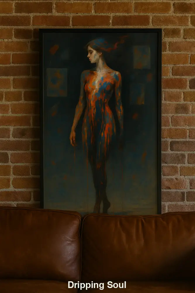 Digitale Malerei einer stehenden Frau mit tropfenden Farben auf dunklem Grund, inspiriert von expressionistischer Ölmalerei