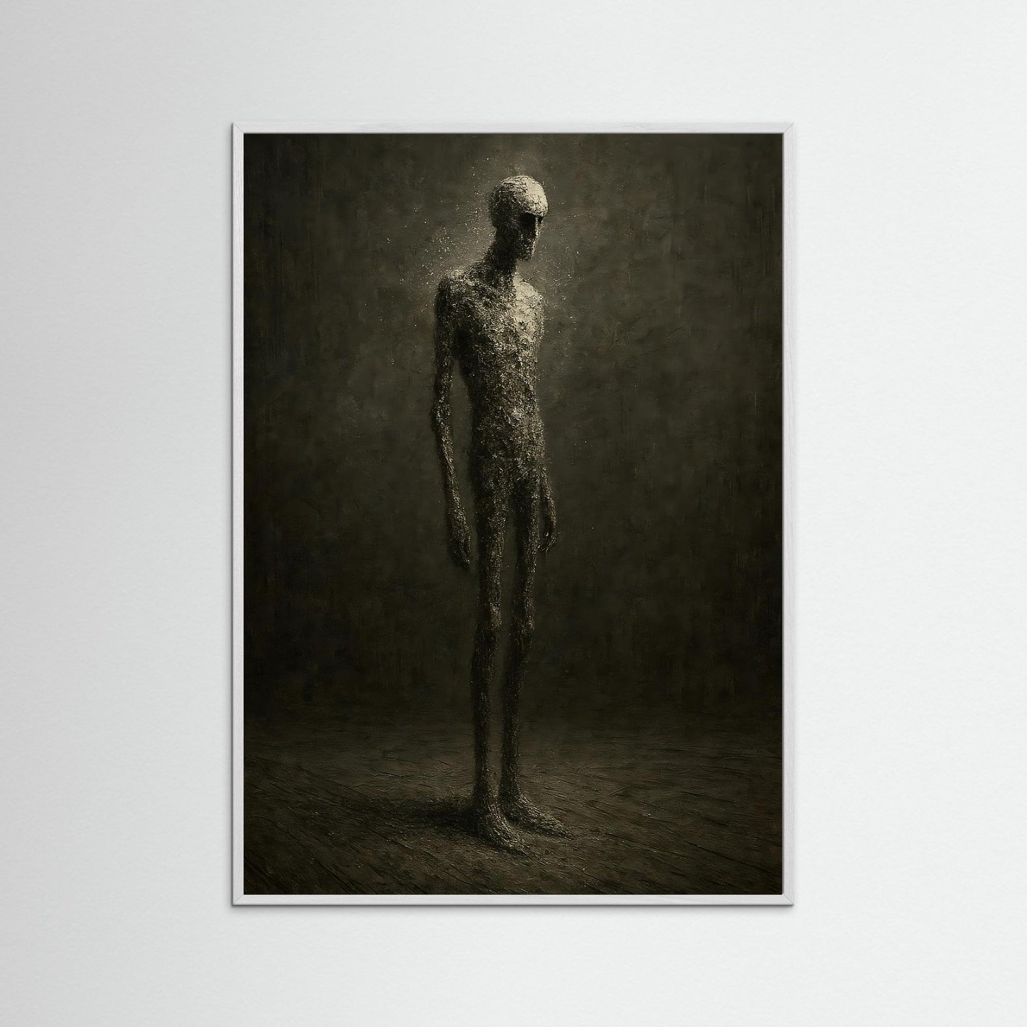 Gerahmte Ausführung des Kunstdrucks Dust Man mit weißem Echtholzrahmen