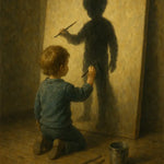 Kniender Junge malt Schattenfigur seiner selbst vor Leinwand – symbolische Darstellung von Selbstwahrnehmung und innerem Wachstum.