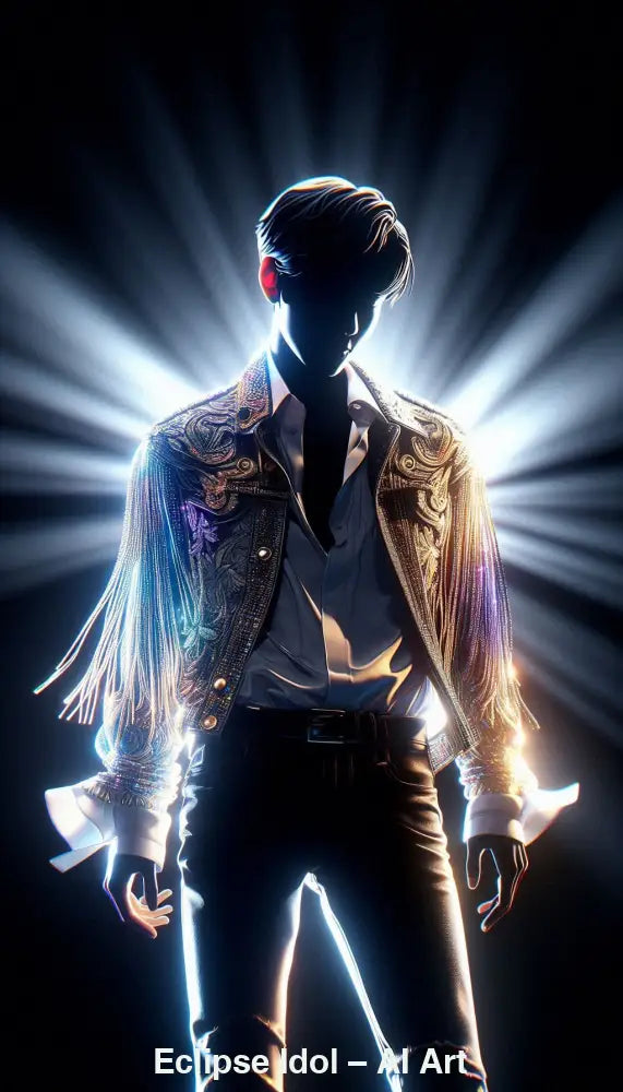 Eclipse Idol – AI Art, leuchtende K-Pop-Silhouette mit Strahlenkranz und goldenem Bühnenlicht.