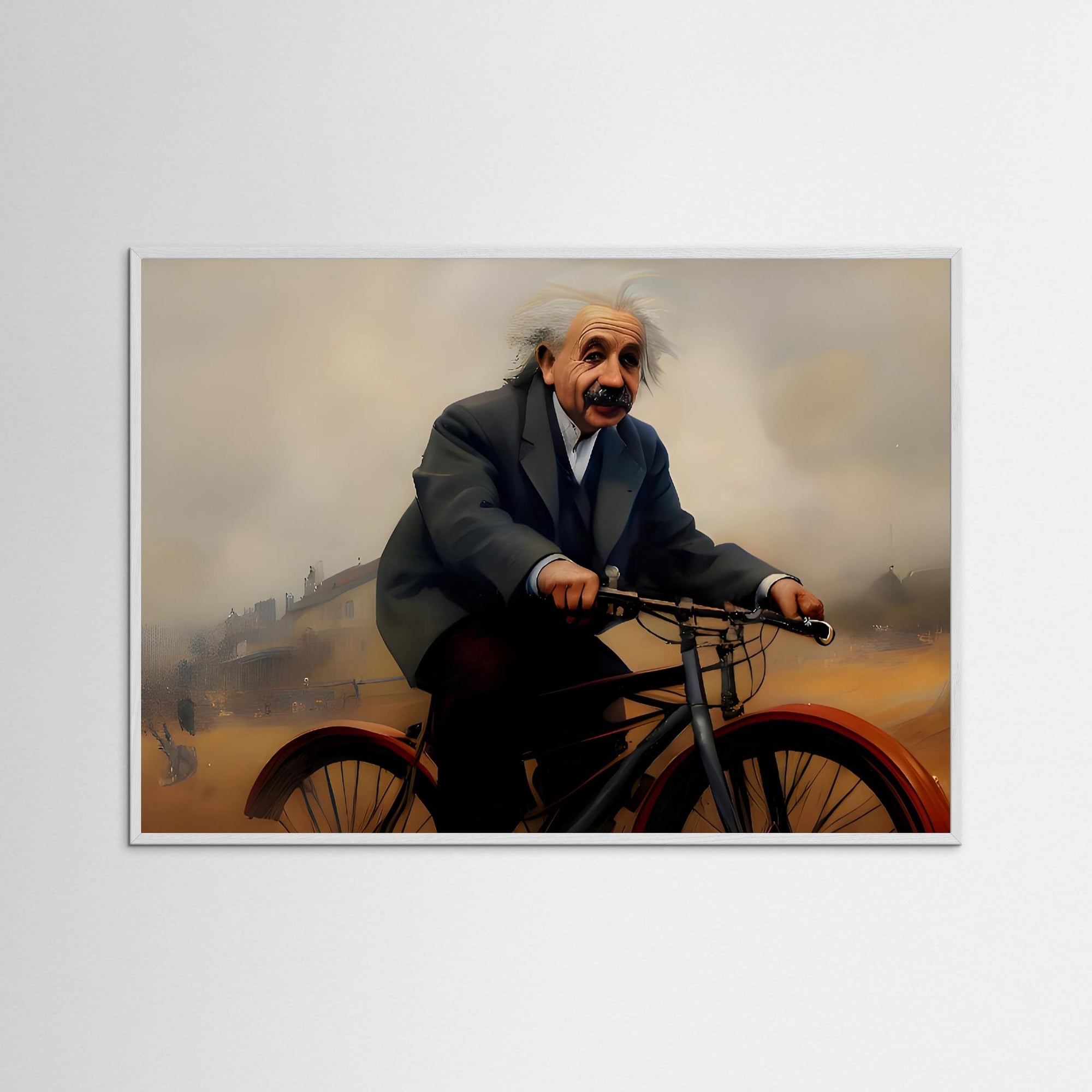 Einstein on Bike als Wandbild mit weißem Echtholzrahmen