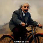 Albert Einstein fährt fröhlich Fahrrad mit breitem Lächeln – humorvolles, KI-generiertes Porträt des Physikers.