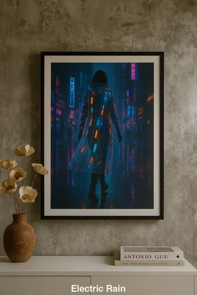 Futuristische Figur in leuchtendem Regenmantel auf nasser Straße, umgeben von neonbeleuchteter Stadtlandschaft