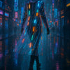 Person in leuchtendem Mantel bei Nacht in futuristischer Stadt – Cyberpunk-Stimmung mit Regen und Neonlichtern.