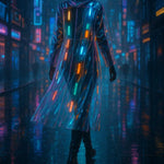 Person in leuchtendem Mantel bei Nacht in futuristischer Stadt – Cyberpunk-Stimmung mit Regen und Neonlichtern.