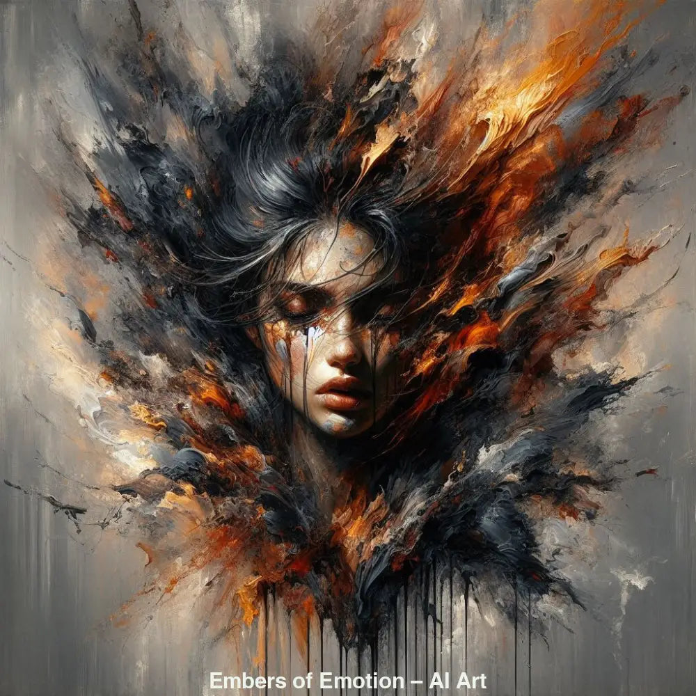 Embers of Emotion – AI Art, expressives Porträt mit flammenden Farben und intensiver, emotionaler Atmosphäre.