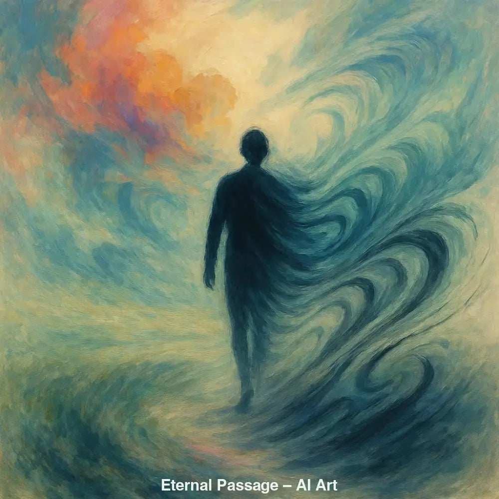 AI-Art-Silhouette in einer abstrakten Landschaft, die sich in fließende Linien und Farben auflöst.