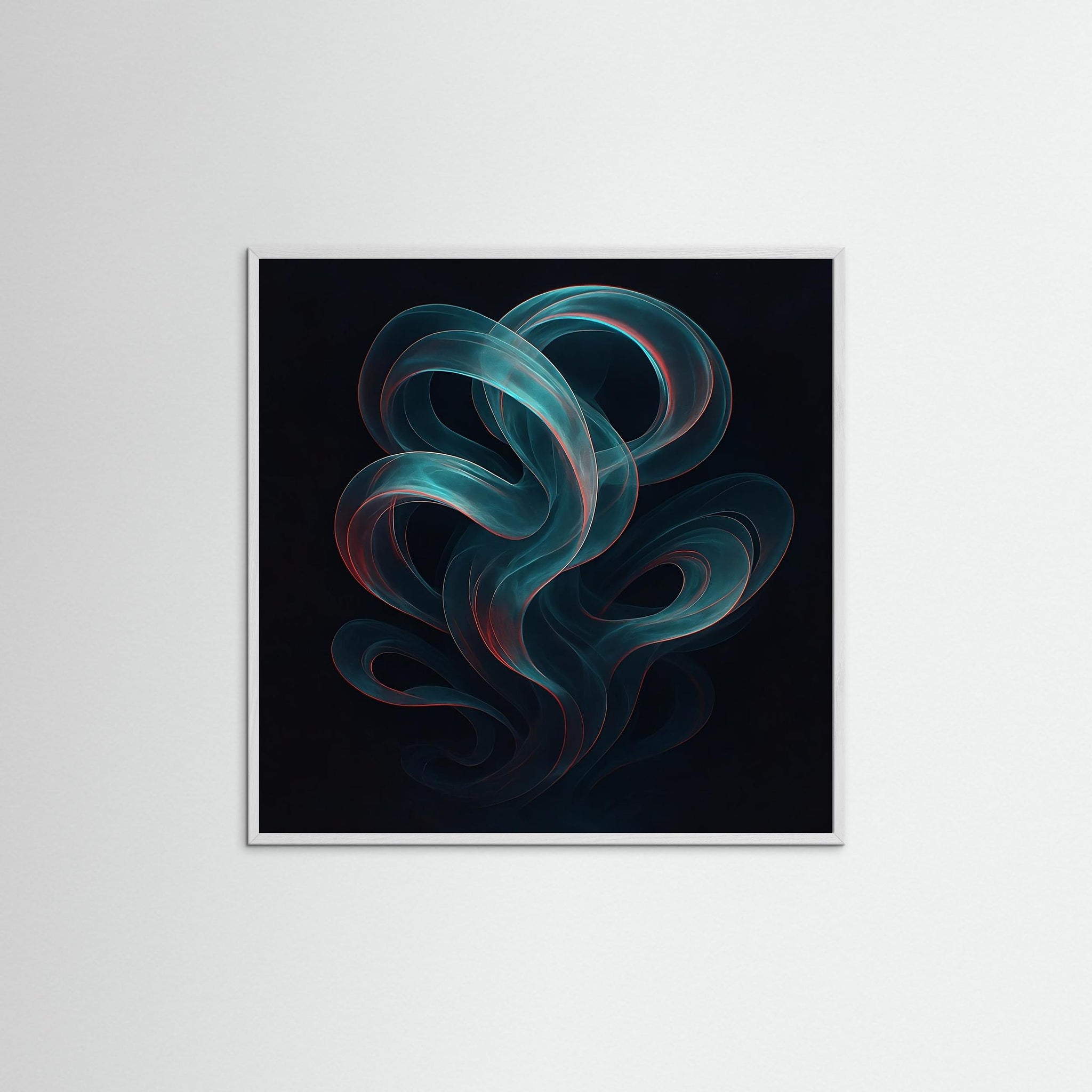 Gerahmte Ausführung des Kunstdrucks Ethereal Flow mit weißem Echtholzrahmen