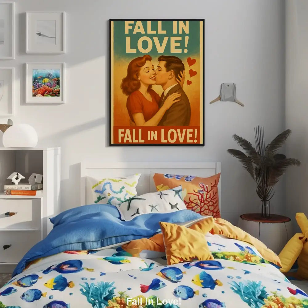 Retro-Paar in Umarmung, er küsst sie auf die Wange. Umgeben von Herzen und dem Schriftzug „FALL IN LOVE!“ im Vintage-Stil.