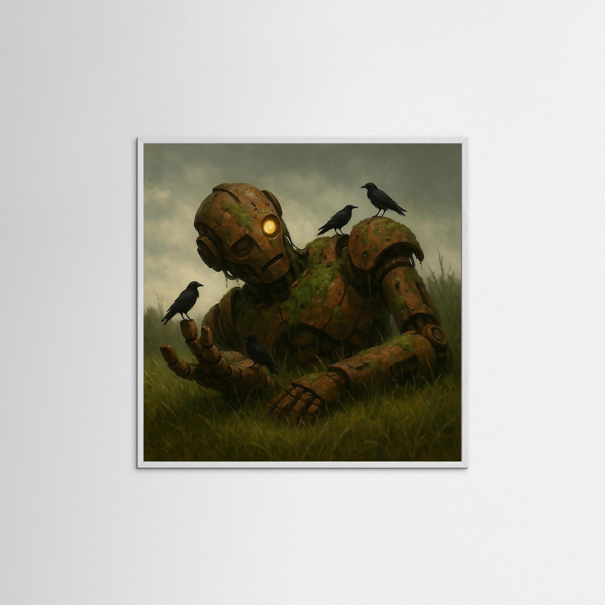 Gerahmte Ausführung des Kunstmotivs Fallen Guardian mit weißem Echtholzrahmen