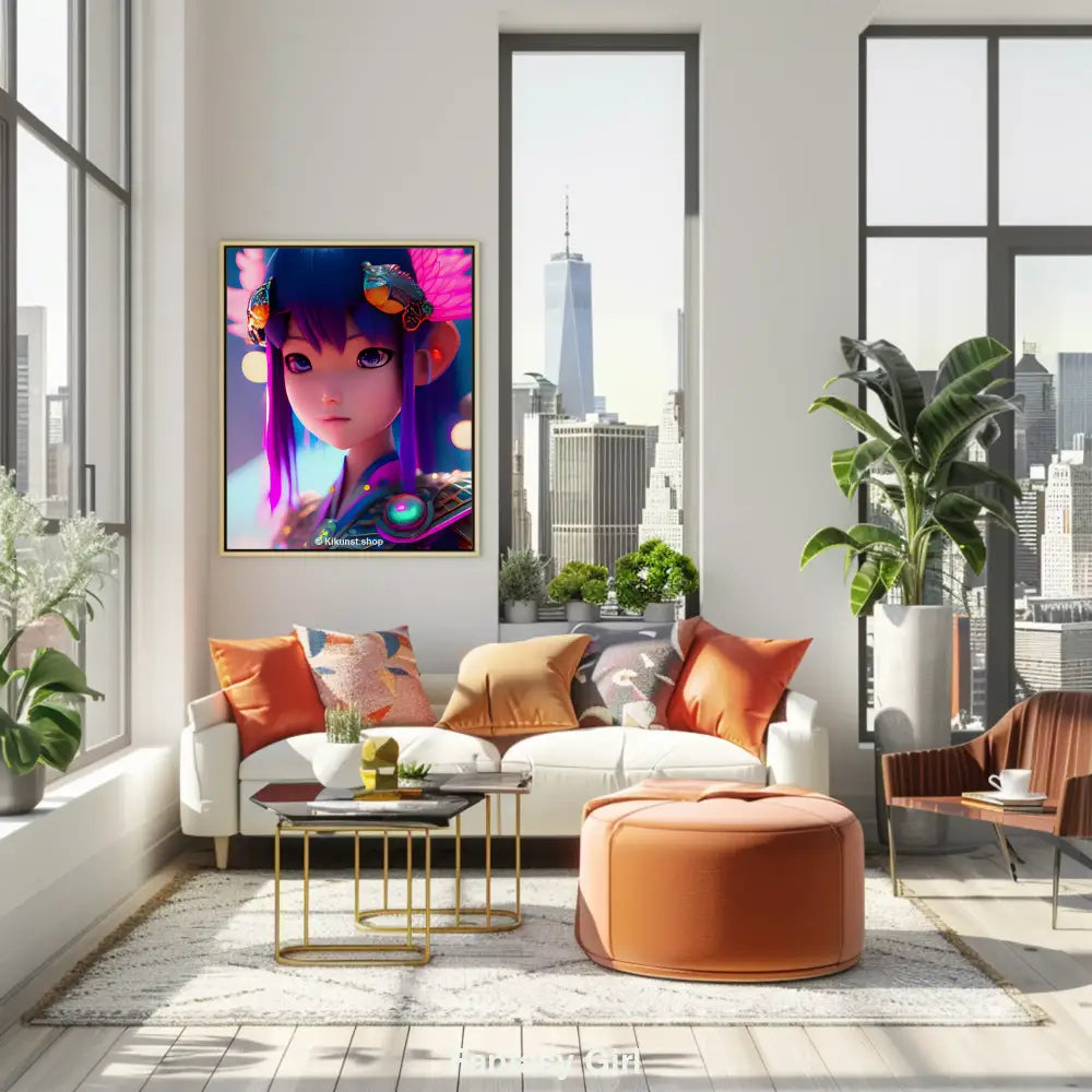 Junges Anime-Mädchen mit violettem Haar, leuchtenden Augen und detailreichem Outfit mit Glaselementen, vor buntem, magischem Hintergrund.