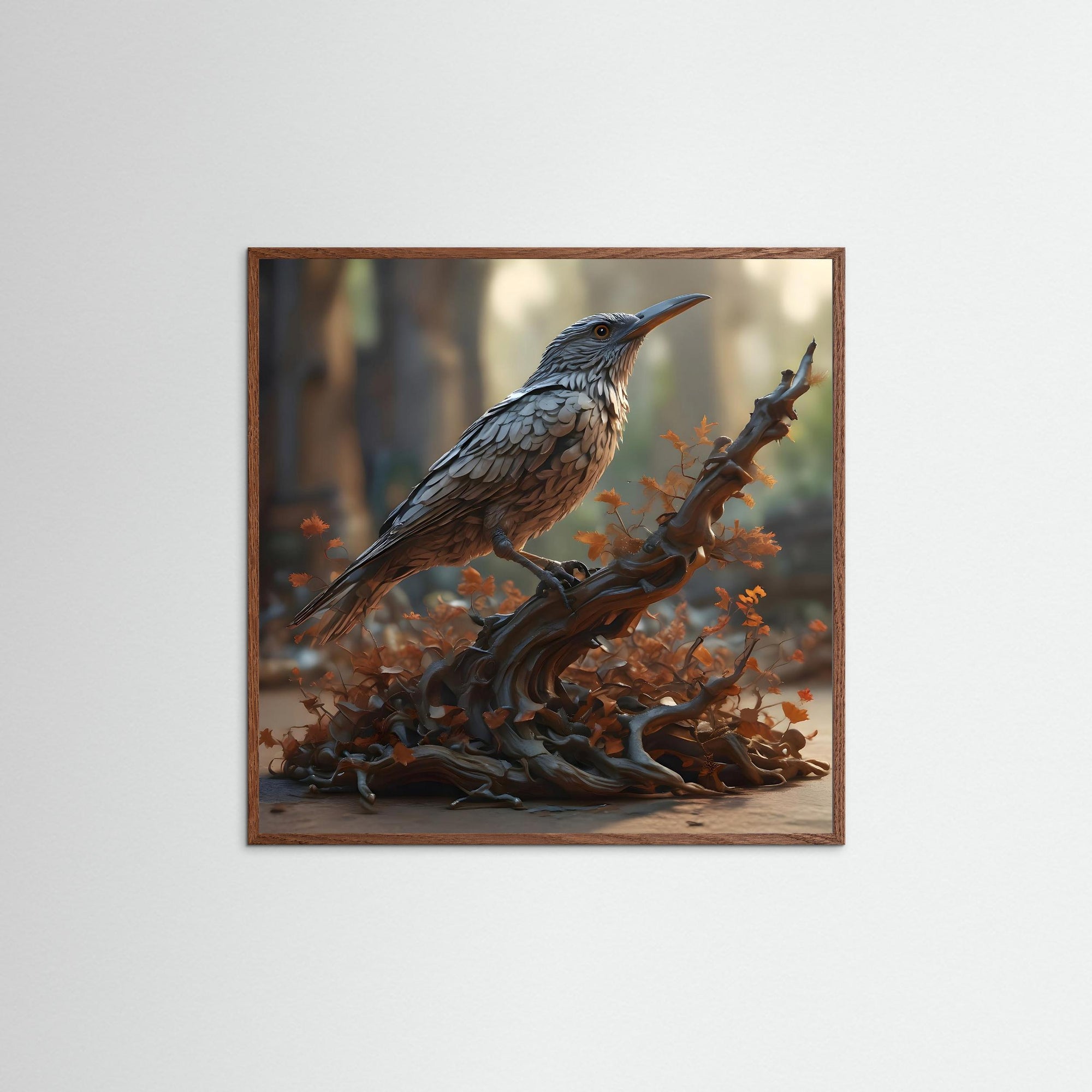 Feathered Silence als Kunstwerk mit dunkelbraunem Echtholzrahmen