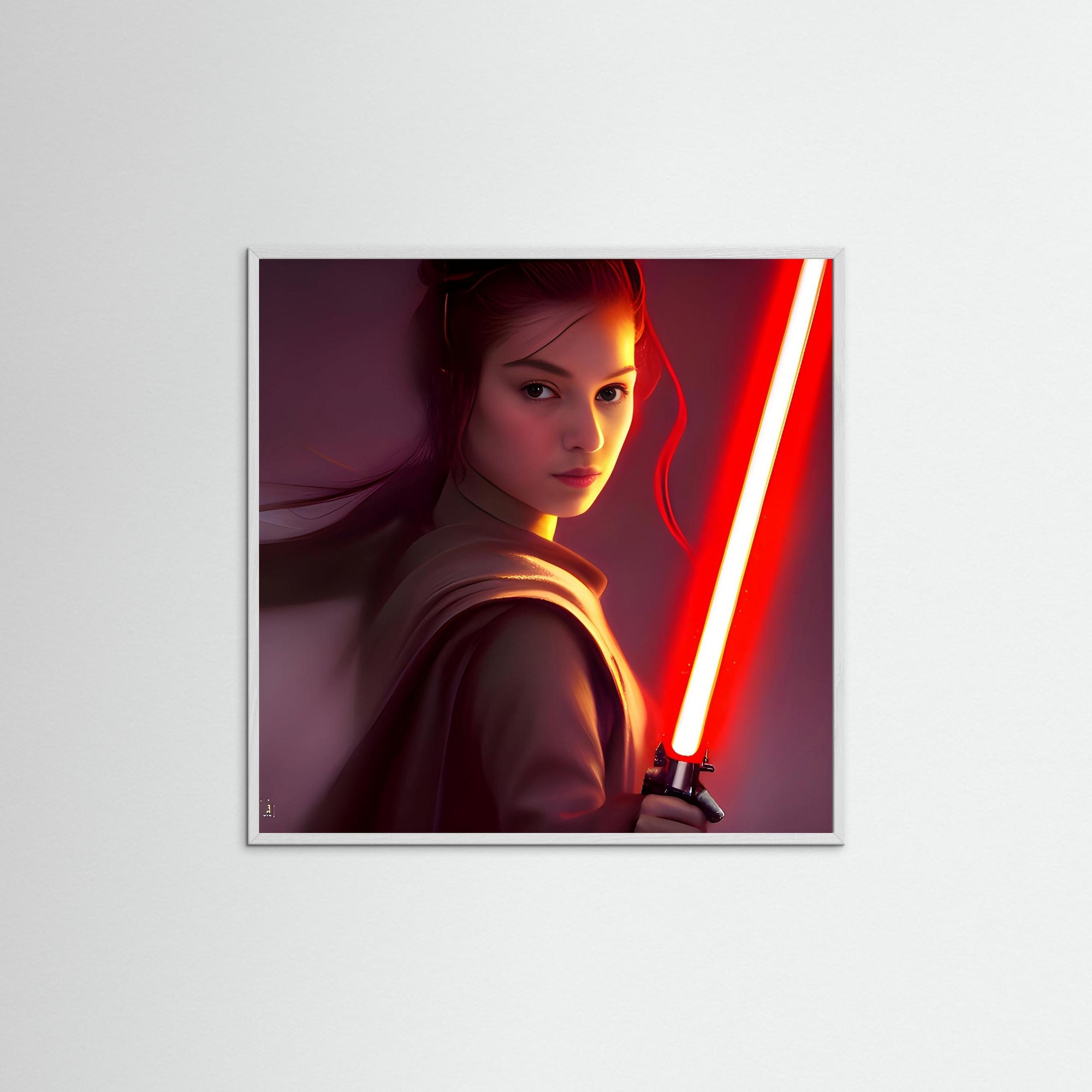 Female Jedi Knight als Kunstmotiv mit weißem Echtholzrahmen