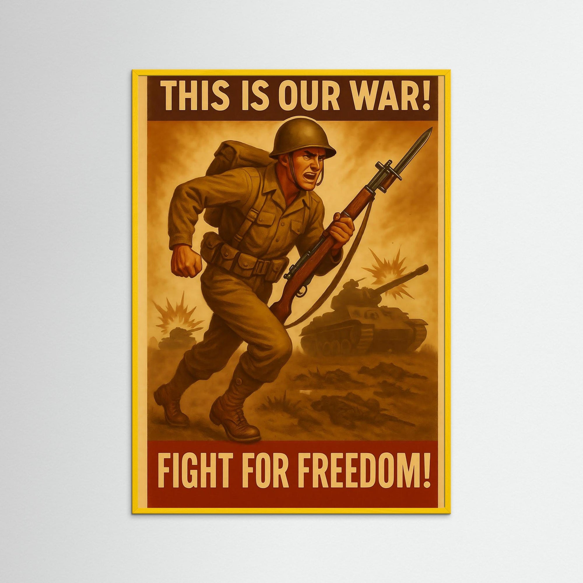 Gerahmte Ausführung von Fight for Freedom mit gelbem Echtholzrahmen