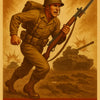 Soldat in klassischer Uniform stürmt mit Gewehr und Bajonett vor Panzern und Explosionen in dramatischem, rauchverhangenem Schlachtfeld.
