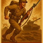 Soldat in klassischer Uniform stürmt mit Gewehr und Bajonett vor Panzern und Explosionen in dramatischem, rauchverhangenem Schlachtfeld.