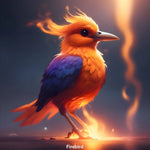 Mystischer Vogel aus Licht und Flammen mit leuchtendem Schweif und glühenden Krallen vor dunklem Hintergrund.