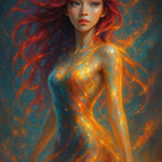 AI Art: Leuchtende Frau in feuriger Atmosphäre – magisch, farbenstark, detailreich, digital erschaffen durch künstliche Intelligenz.
