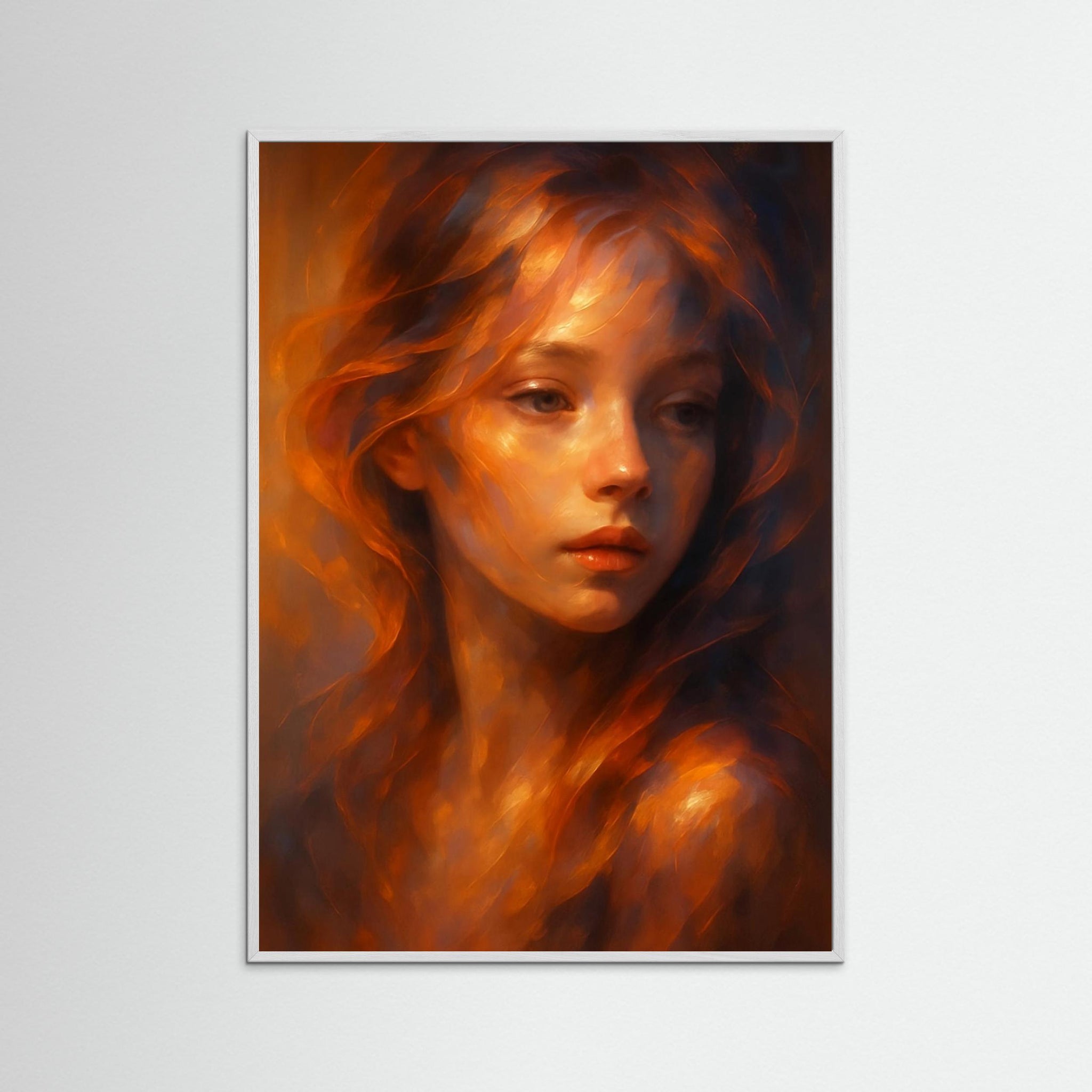 Gerahmte Ausführung des Kunstdrucks Flame Child mit weißem Echtholzrahmen