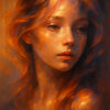 Leuchtendes Mädchenporträt mit flammenden Haaren – digitale AI Art mit emotionaler Ausdruckskraft

