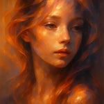 Leuchtendes Mädchenporträt mit flammenden Haaren – digitale AI Art mit emotionaler Ausdruckskraft

