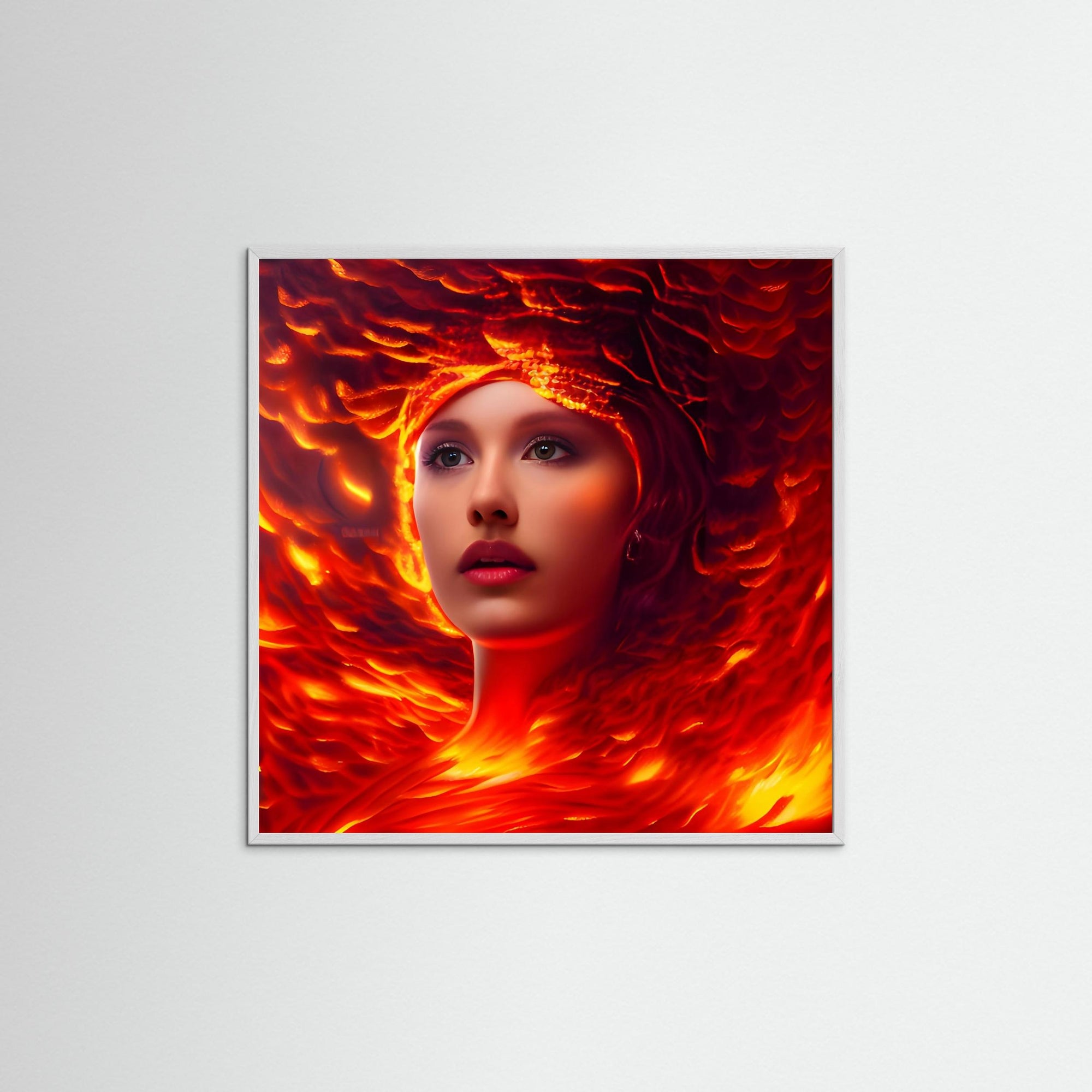 Gerahmte Ausführung von Flame Within mit weißem Echtholzrahmen