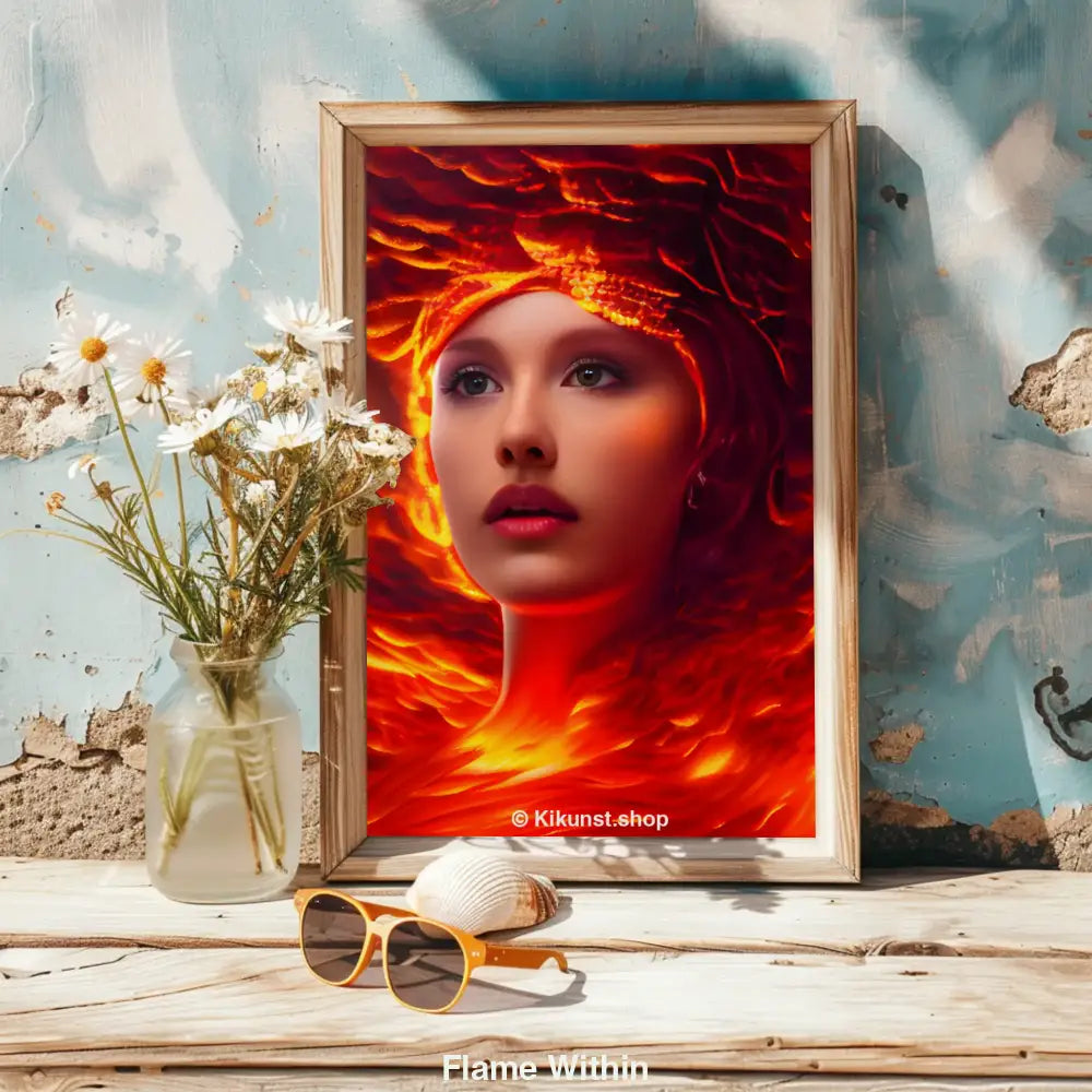 Porträt einer Frau, deren Körper und Haare in leuchtenden Flammen aufgehen. Ausdrucksstarke Augen und feuriges Licht symbolisieren Transformation.