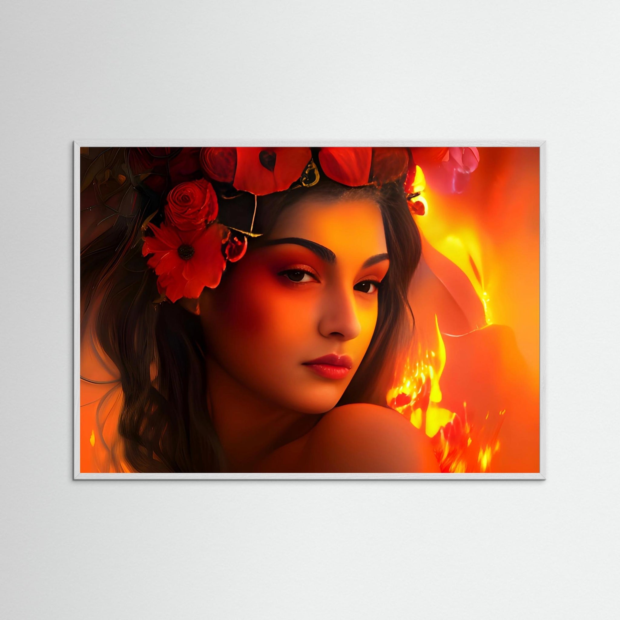 Flame Woman als Kunstwerk mit weißem Echtholzrahmen