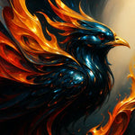 Digitales Kunstwerk eines schwarzen Phönix mit flammenden, orange-goldenen Federn auf dunklem Hintergrund