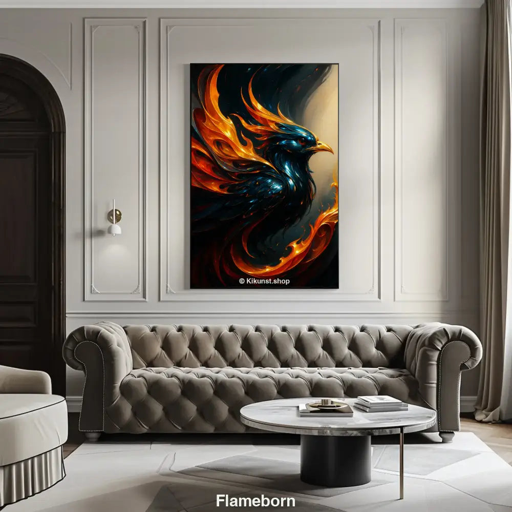 Mockup eines digitalen Kunstdrucks „Flameborn“ mit feurigem Phönix auf dunklem Hintergrund in moderner Umgebung