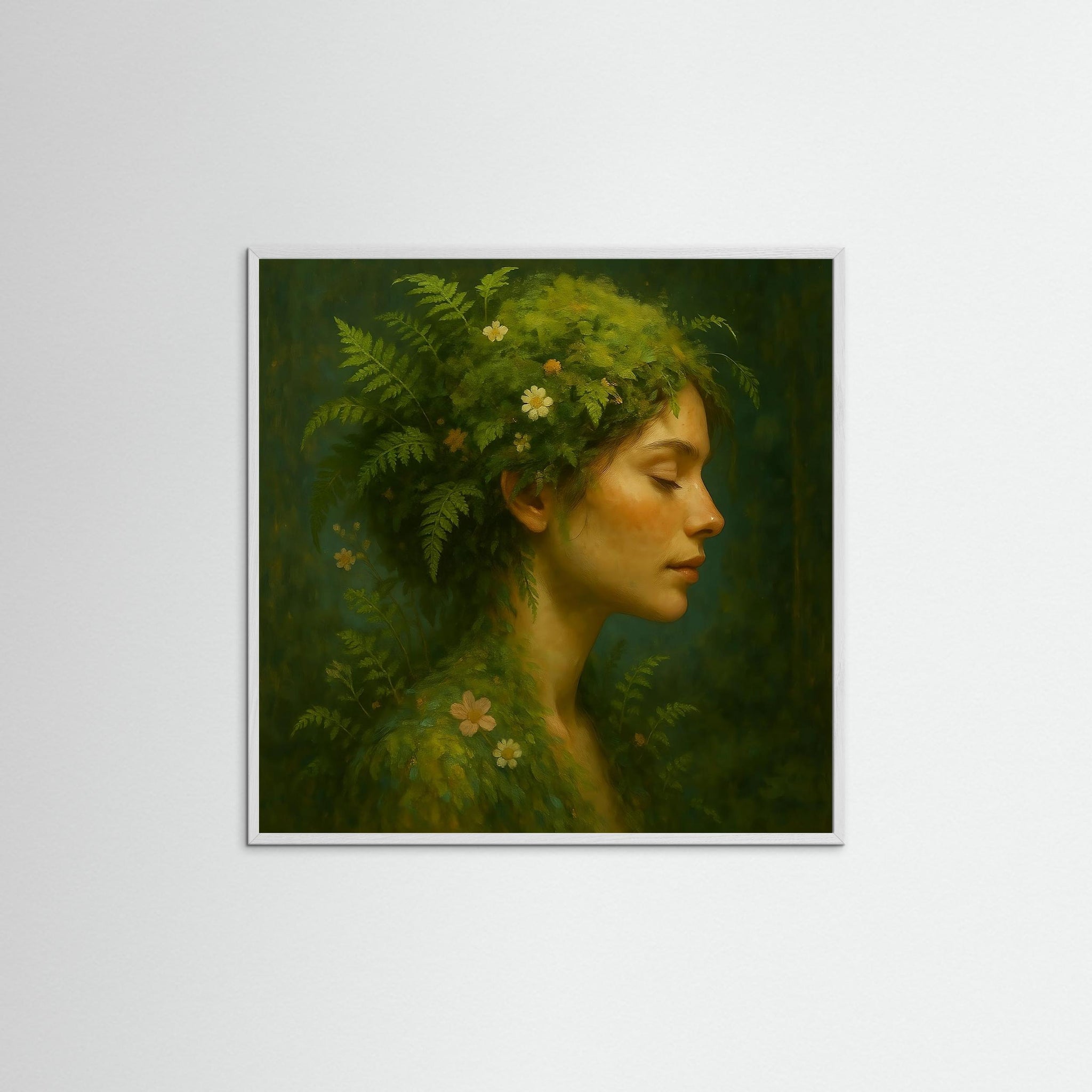 Gerahmte Ausführung des Kunstwerks Flora Spirit mit weißem Echtholzrahmen