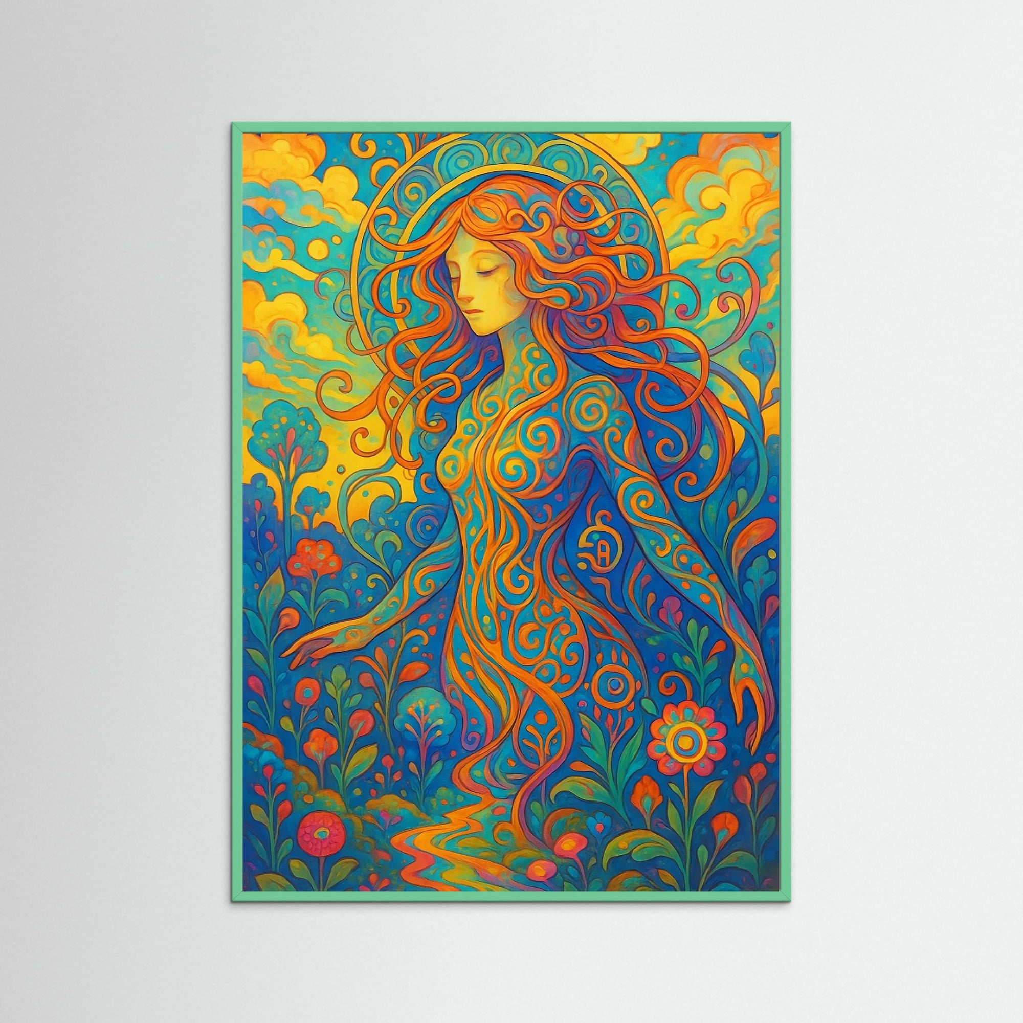 Floral Spirit als moderne Wandkunst mit Echtholzrahmen in Mint