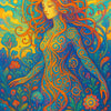 Farbintensive weibliche Figur mit floralen Mustern und leuchtenden Farben – symbolisiert Natur, Spiritualität und weibliche Energie.