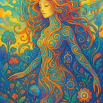 Farbintensive weibliche Figur mit floralen Mustern und leuchtenden Farben – symbolisiert Natur, Spiritualität und weibliche Energie.