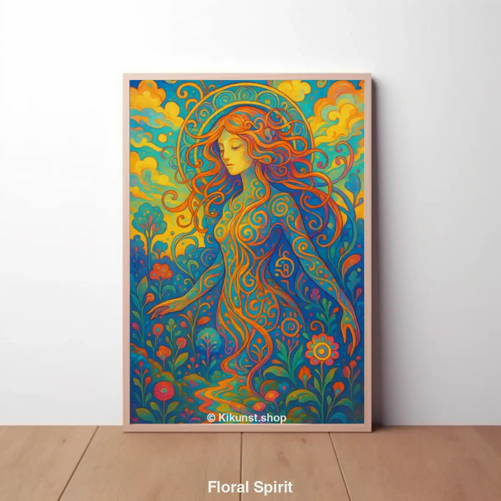 Buntes Boho-Kunstwerk einer Frau mit floralen Mustern und leuchtenden Farben auf Leinwand im modernen Rahmen.