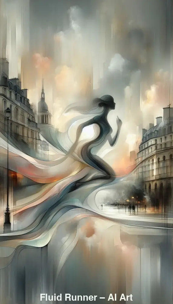 Fließende menschliche Figur in Bewegung vor urbaner Kulisse, die Dynamik, Leichtigkeit und Übergang als AI Art darstellt