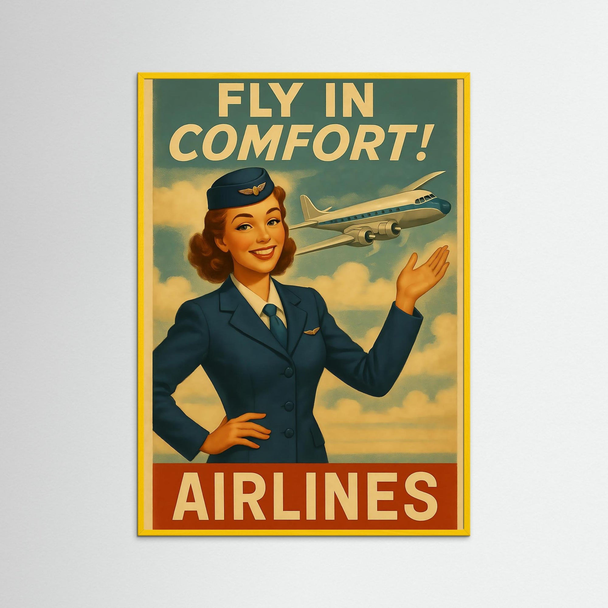 Gerahmte Ausführung des Kunstwerks Fly in Comfort mit gelbem Echtholzrahmen