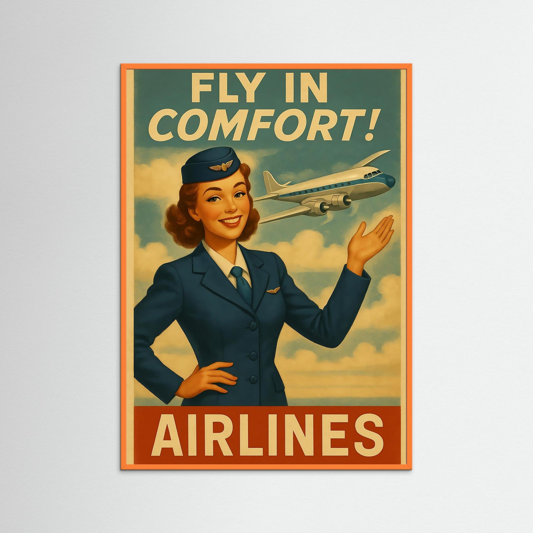 Fly in Comfort als dekoratives Wandbild mit orangem Echtholzrahmen