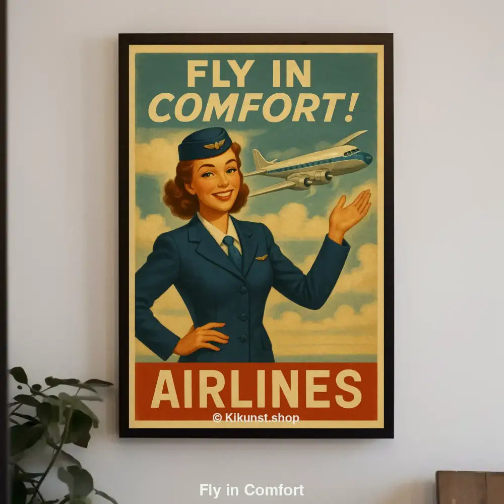 Vintage-Werbeplakat mit einer lächelnden Flugbegleiterin vor einem Flugzeug. Text: „Fly in Comfort! Airlines“. Stilvoll und nostalgisch gestaltet.