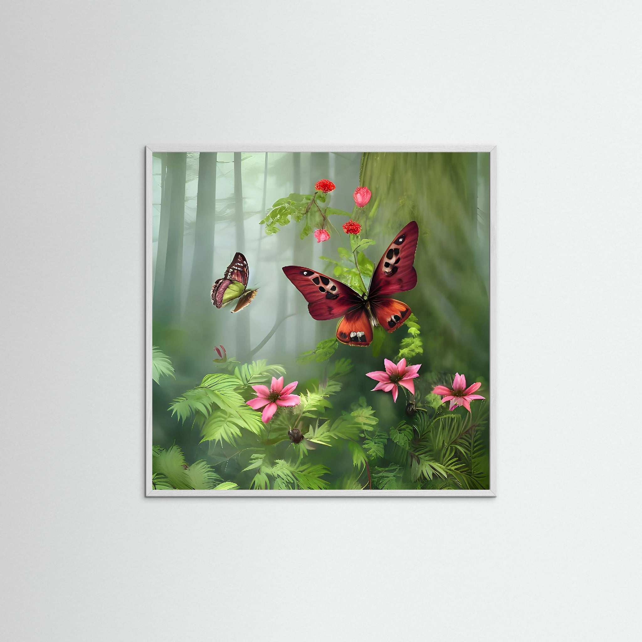 Gerahmte Ausführung des Kunstdrucks Forest Wings mit weißem Echtholzrahmen