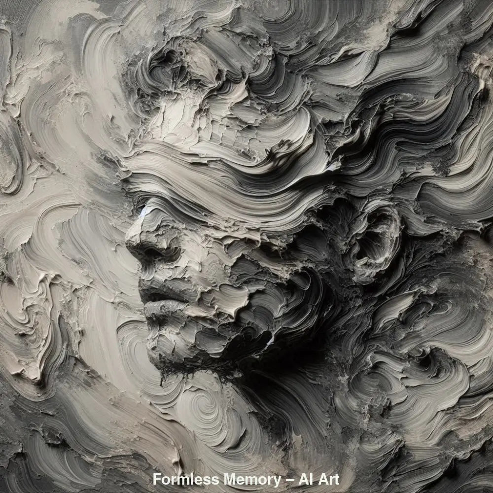 Formless Memory – AI Art, abstraktes Porträt aus wirbelnden grauen und beigen Farbschichten, inspiriert von Erinnerung.