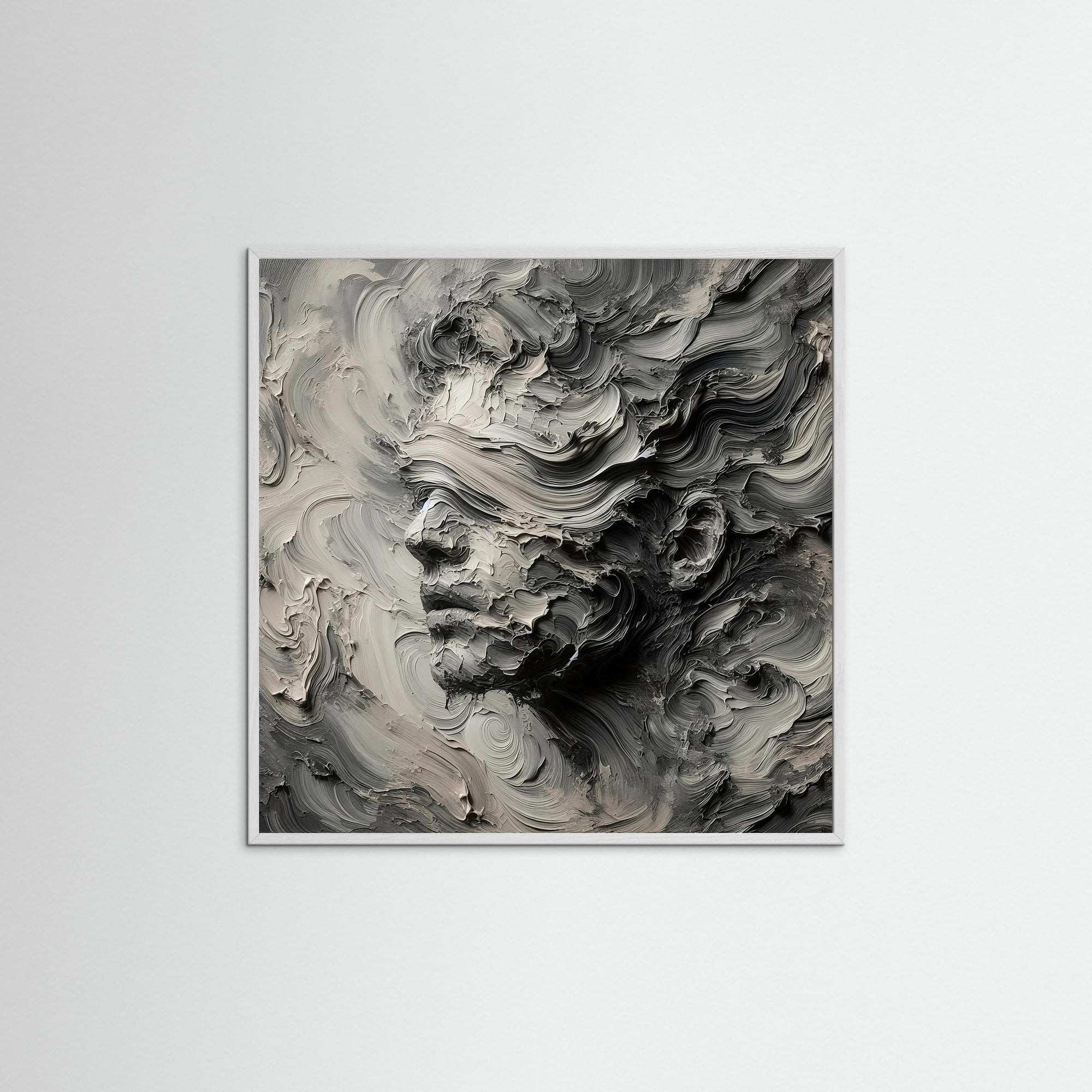 Gerahmte Ausführung des Kunstdrucks Formless Memory mit weißem Echtholzrahmen