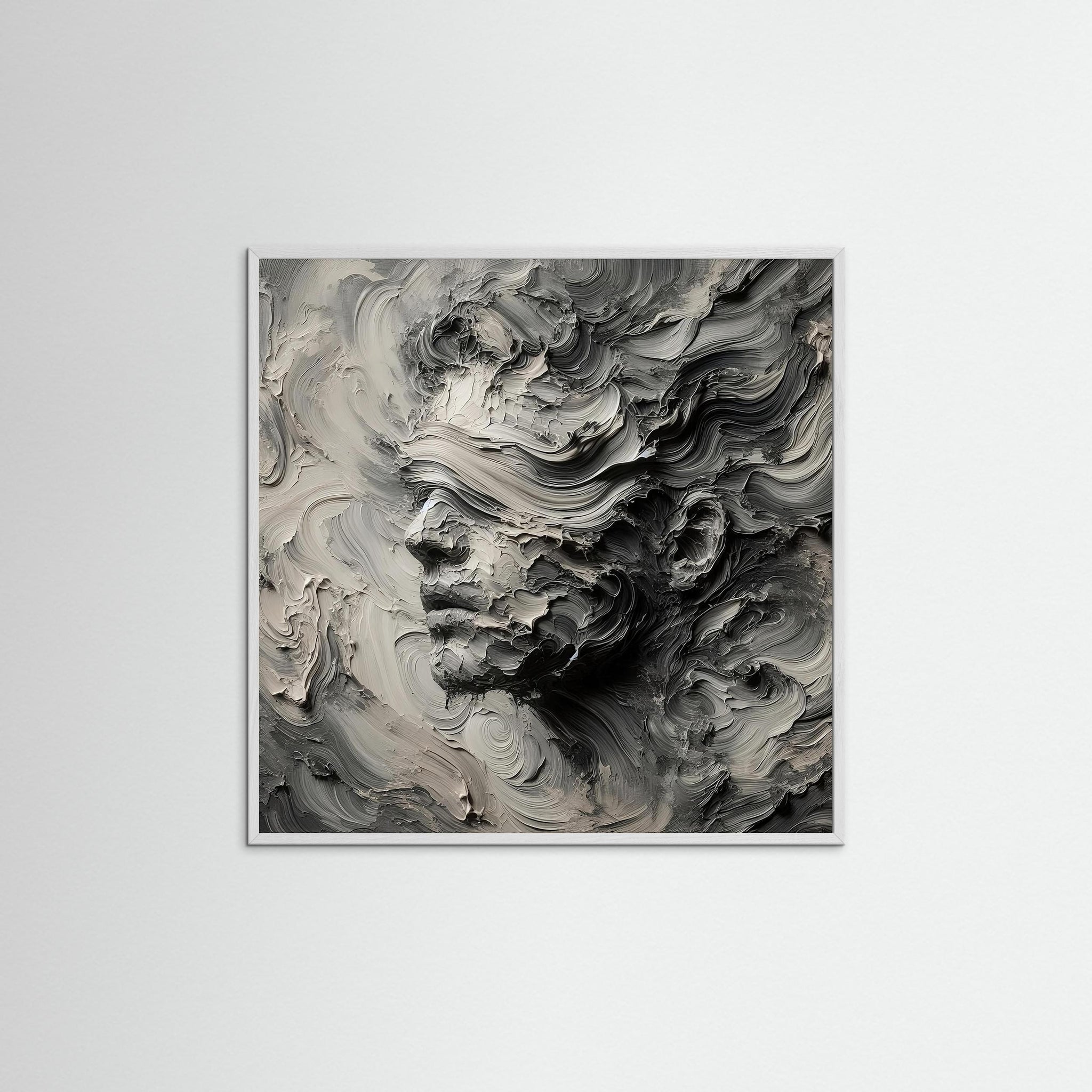 Gerahmte Ausführung des Kunstdrucks Formless Memory mit weißem Echtholzrahmen